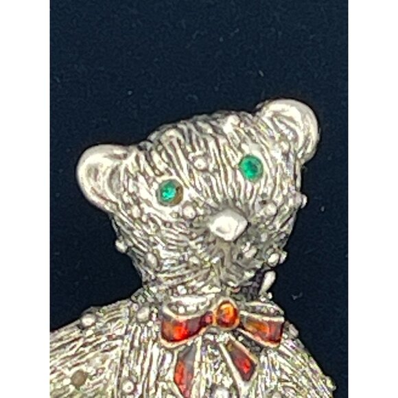 Teddy Bears Brooch Textured Silver Tone Metal Red Bow Green Eyes - Picture 6 of 12
